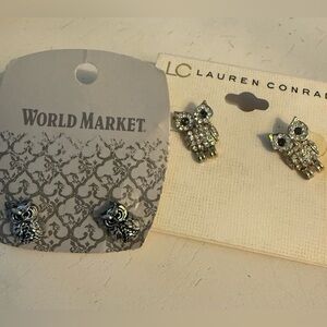 OWL EARRINGS two pairs silver and rhinestone studs